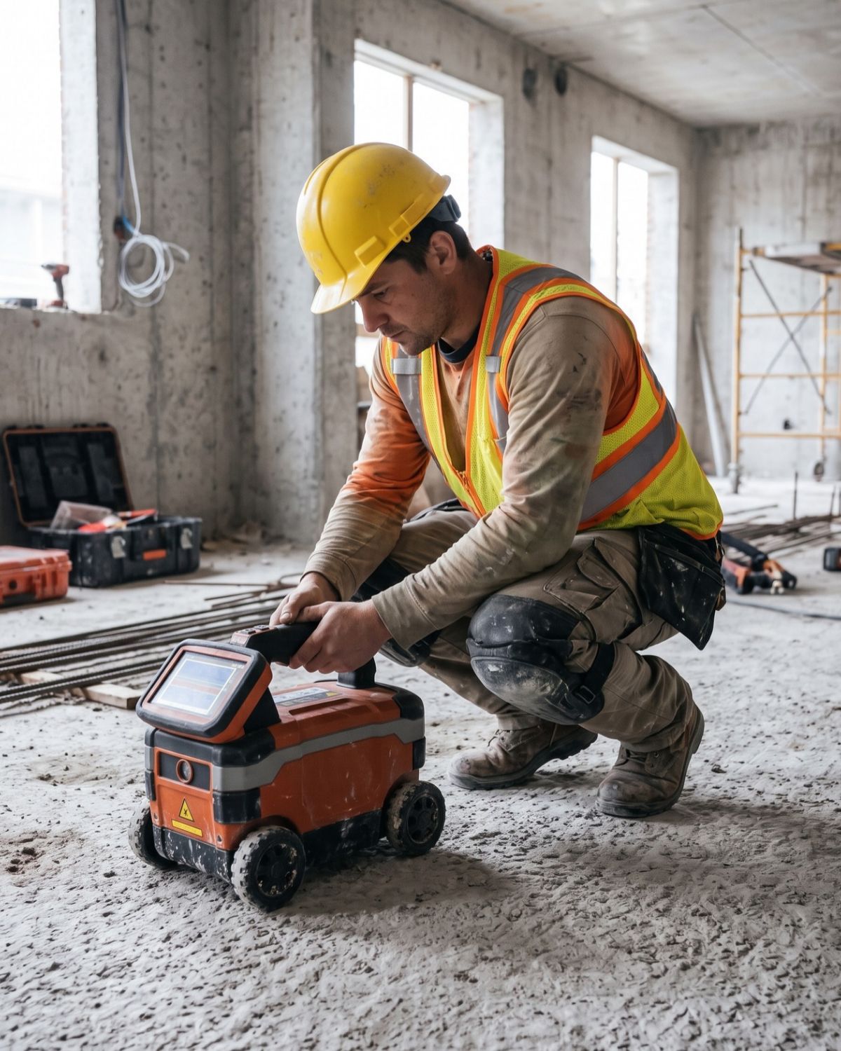 Man on his haunches using a concrete scanner