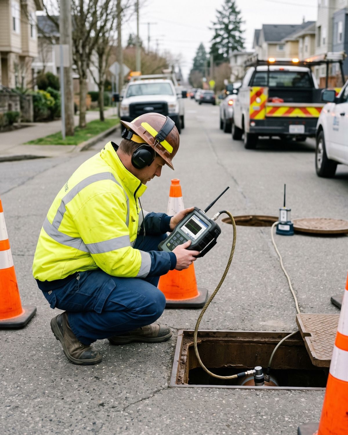A person using a leak noise correlator.
