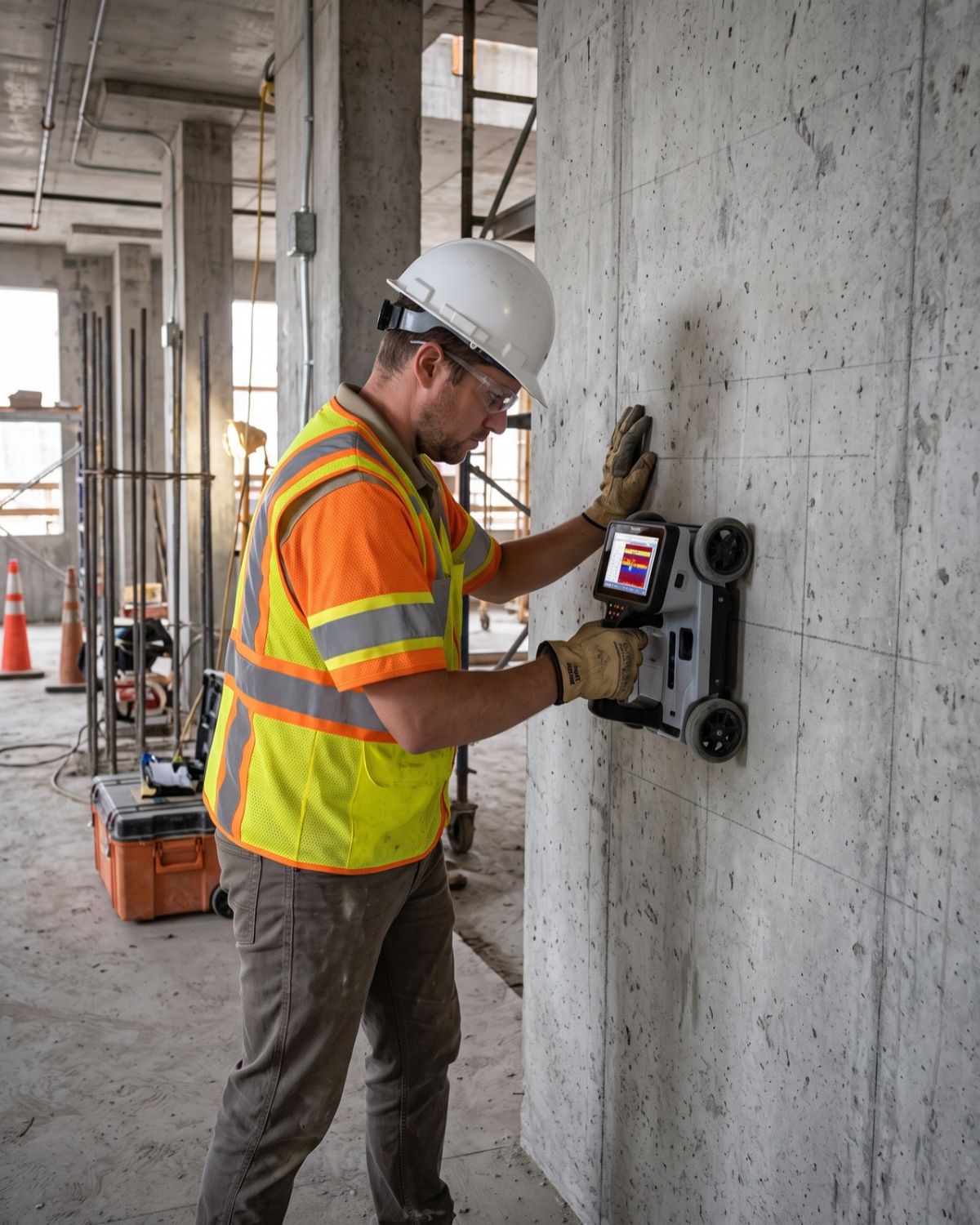 A person using a concrete scanner on a wall